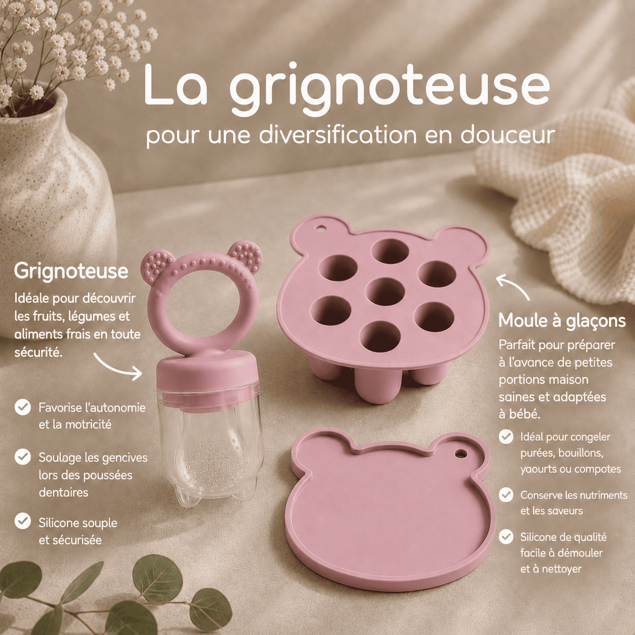 Grignoteuse en silicone 3 en 1