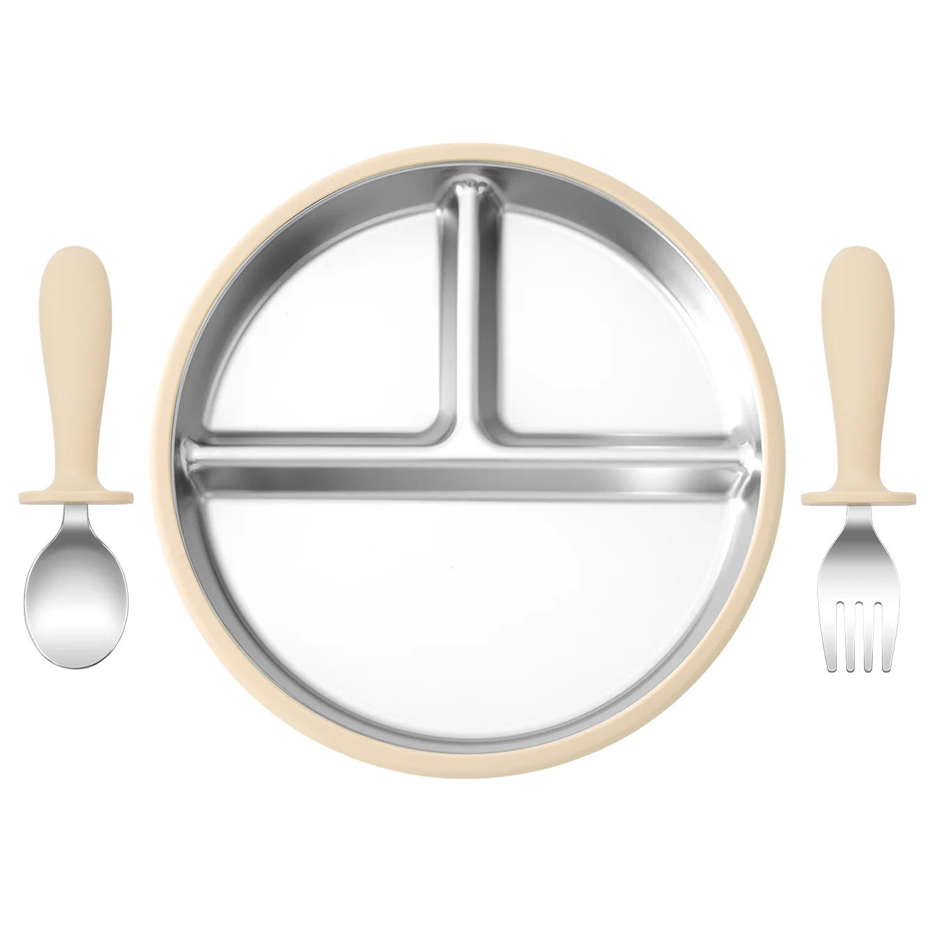 assiette bébé inox silicone compartimentée avec couverts beige cuillère et fourchette