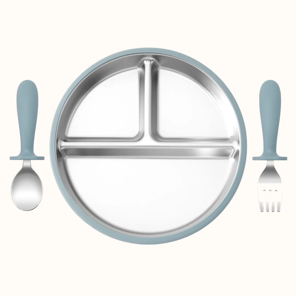 assiette bébé inox silicone compartimentée avec couverts bleu cuillère et fourchette