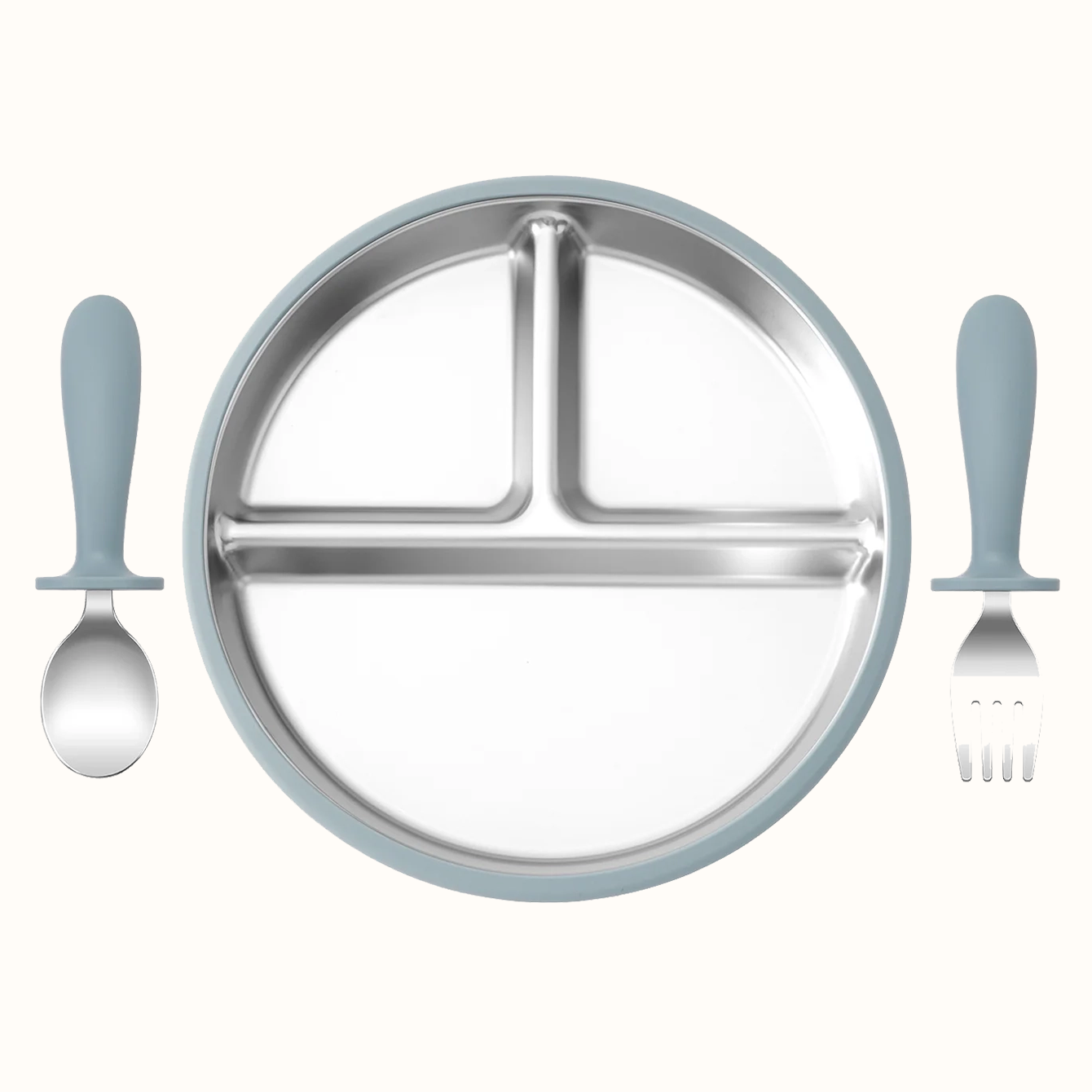 assiette bébé inox silicone compartimentée avec couverts bleu cuillère et fourchette