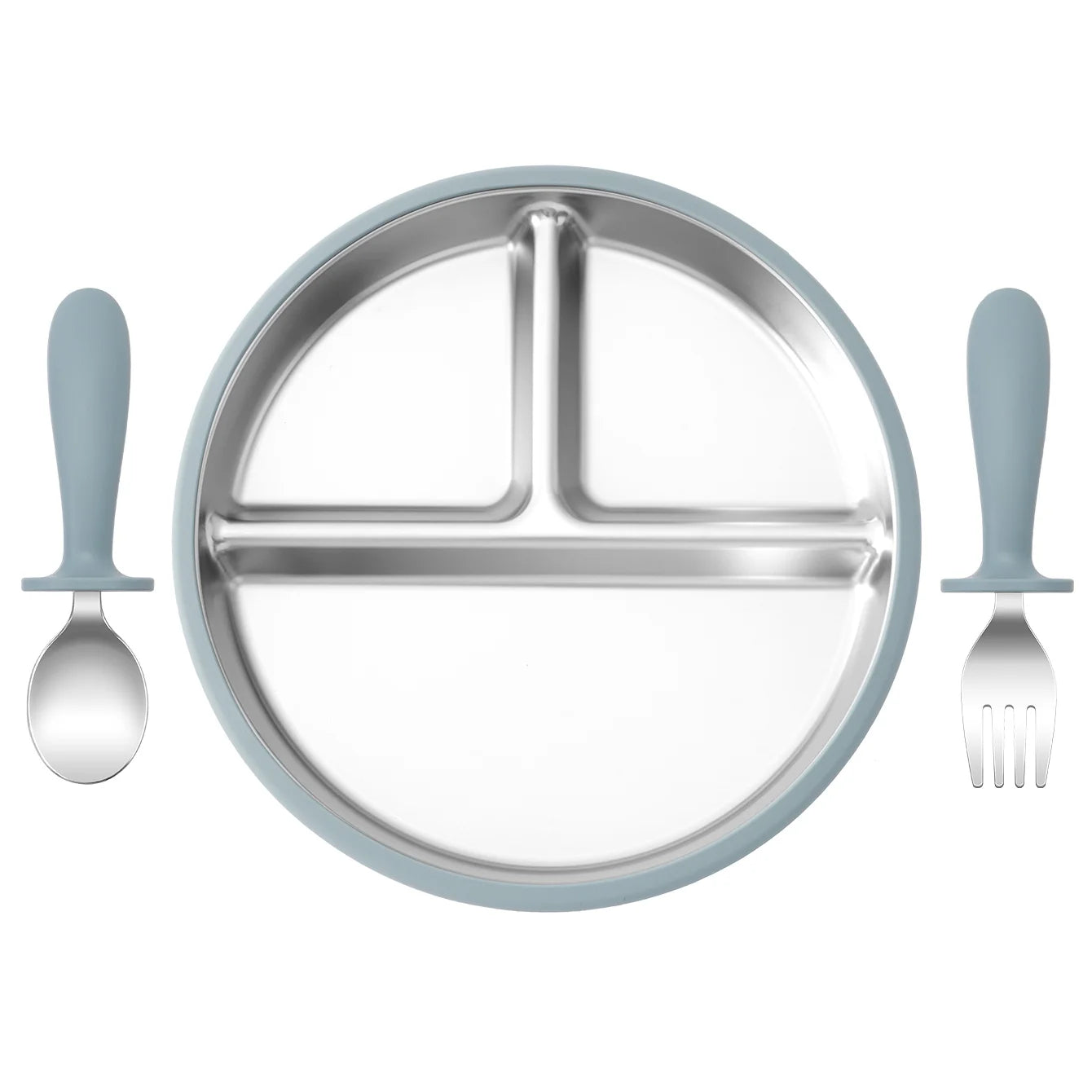 assiette bébé inox silicone compartimentée avec couverts bleu cuillère et fourchette