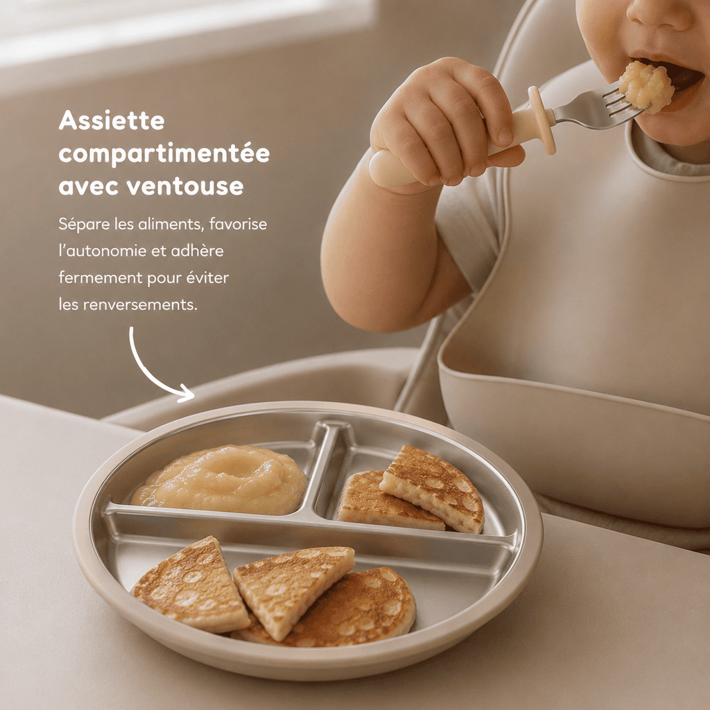 assiette bébé inox silicone compartimentée avec couverts cuillère et fourchette pour bébé 