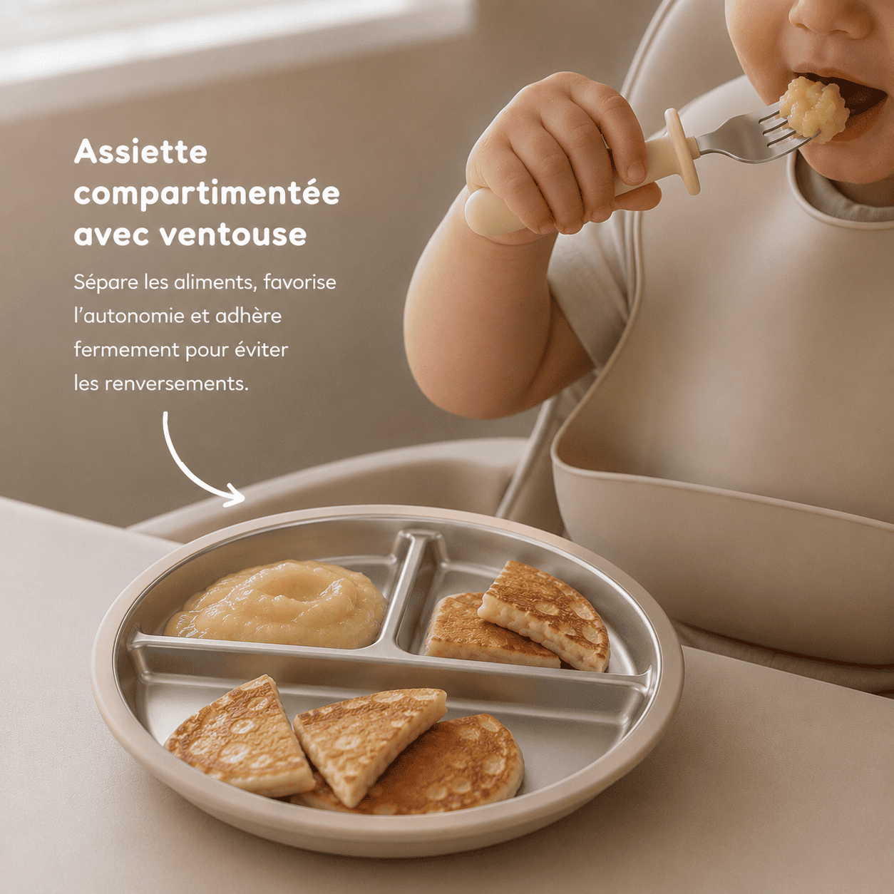 assiette bébé inox silicone compartimentée avec couverts cuillère et fourchette pour bébé 