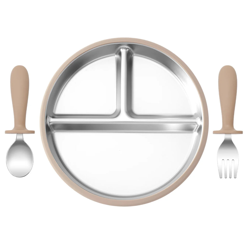 assiette bébé inox silicone compartimentée avec couverts marron clair cuillère et fourchette