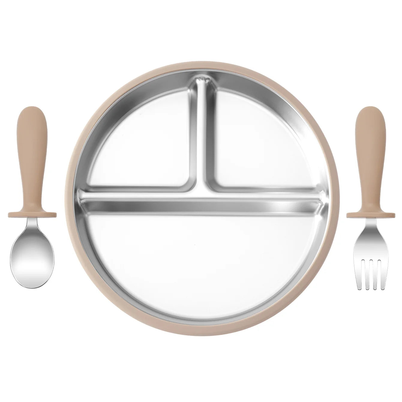 assiette bébé inox silicone compartimentée avec couverts marron clair cuillère et fourchette
