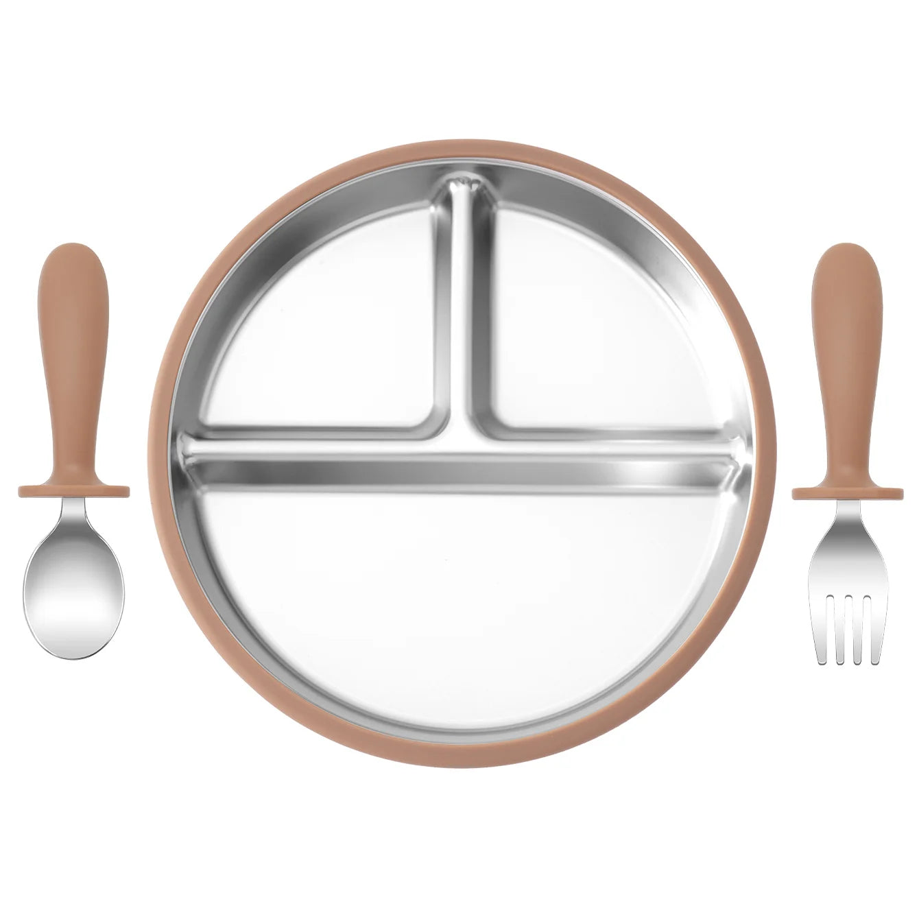 assiette bébé inox silicone compartimentée avec couverts marron cuillère et fourchette