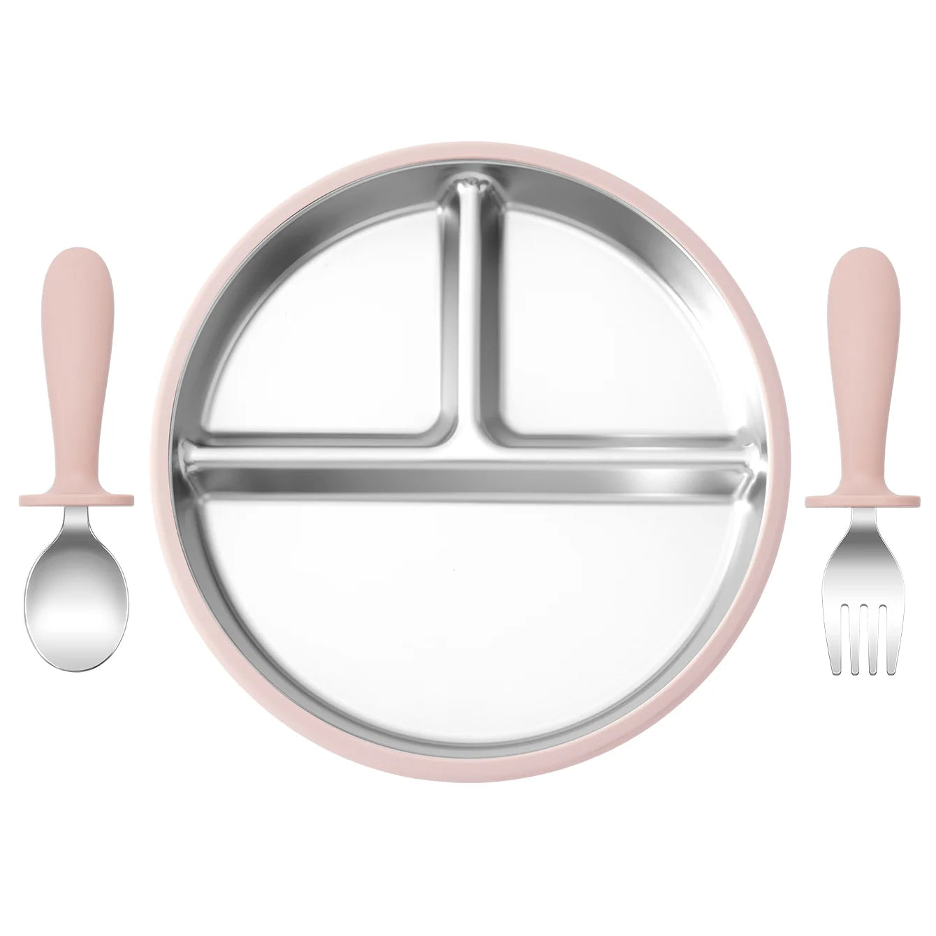 assiette bébé inox silicone compartimentée avec couverts rose clair cuillère et fourchette