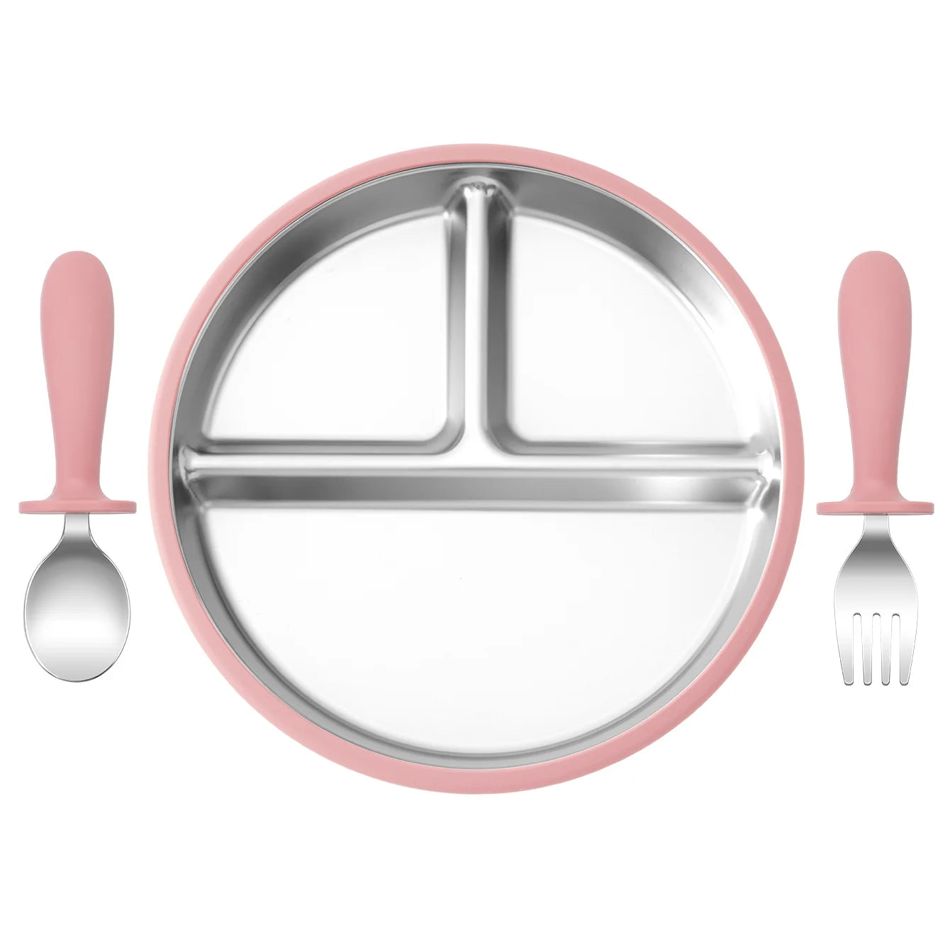 assiette bébé inox silicone compartimentée avec couverts rose cuillère et fourchette