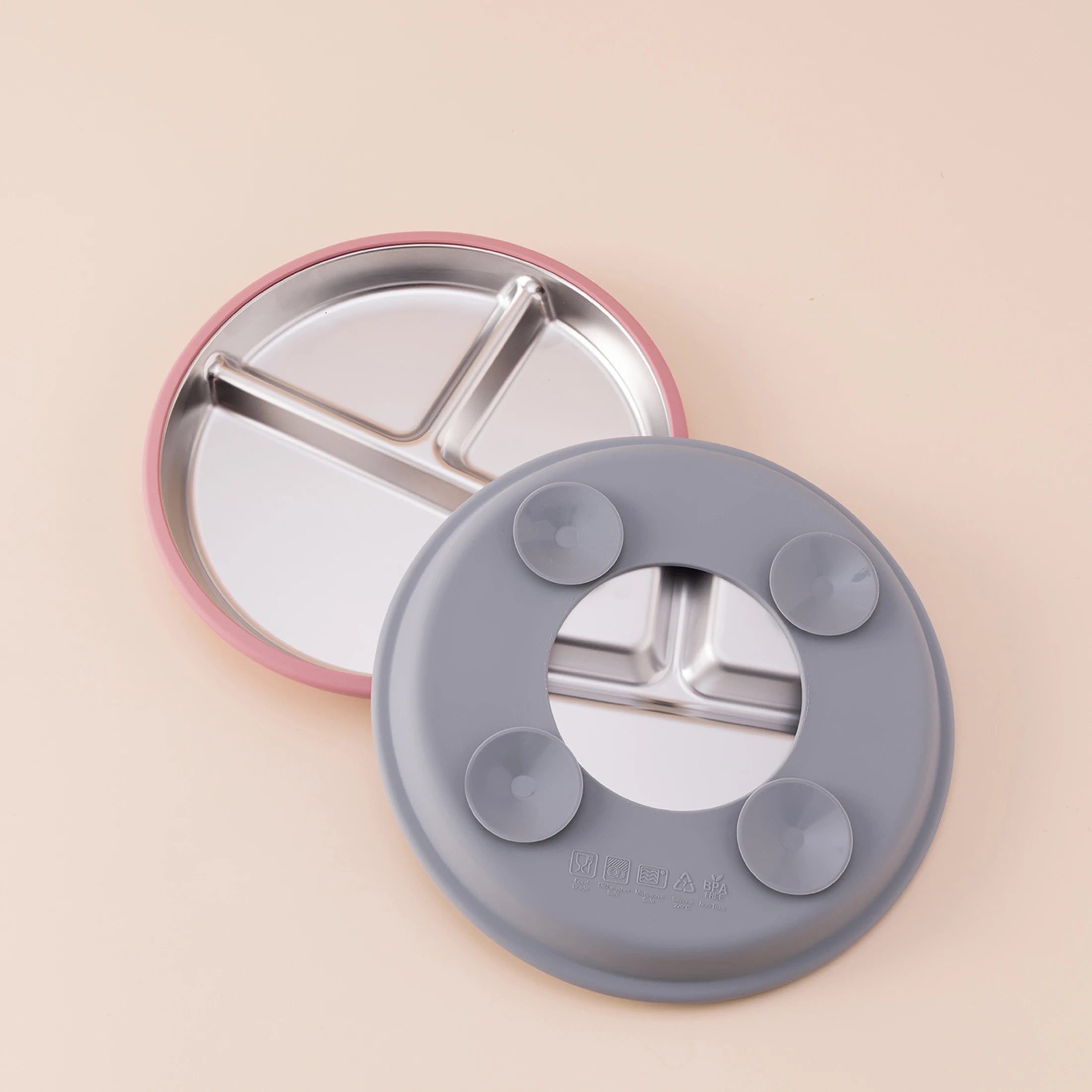 assiette bébé inox silicone ventouse compartimentée avec couverts cuillère et fourchette