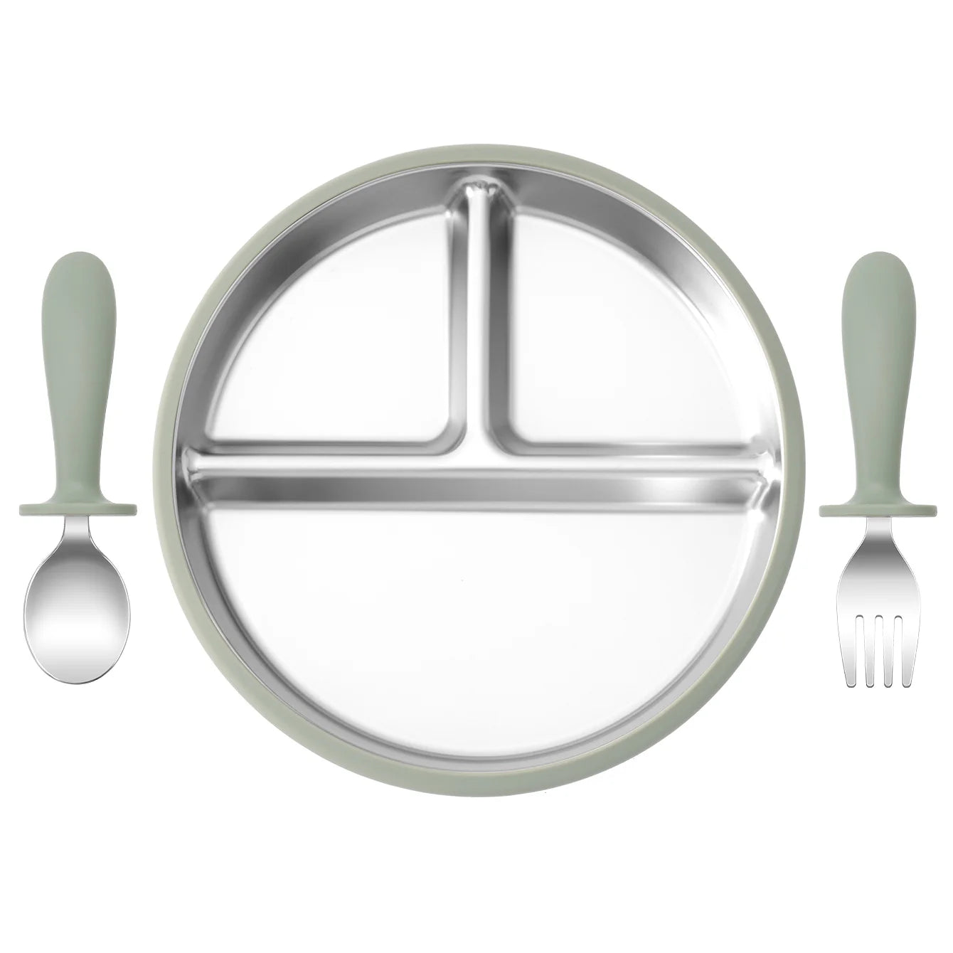 assiette bébé inox silicone compartimentée avec couverts vert cuillère et fourchette