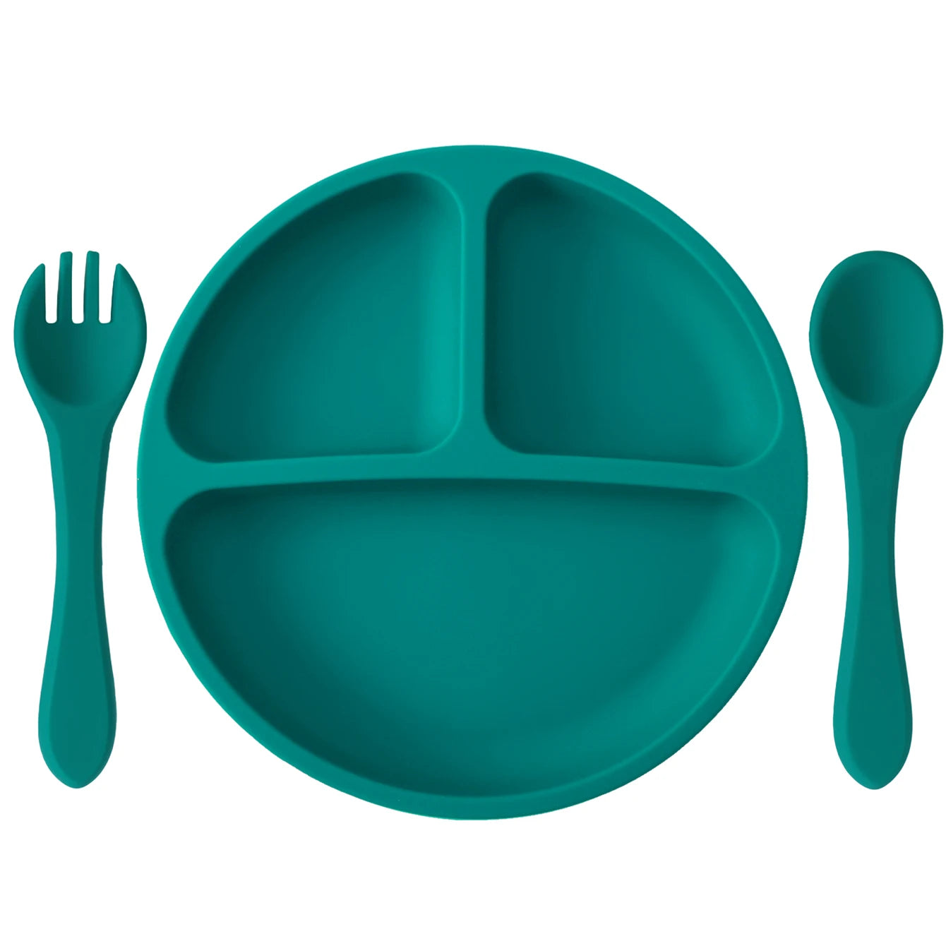 assiette bébé silicone compartimentée bleu turquoise avec cuillère et fourchette