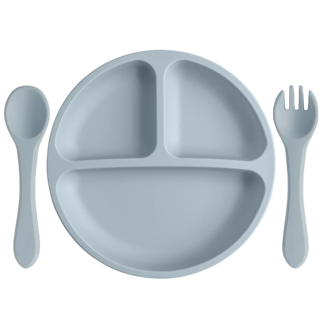 assiette bébé silicone compartimentée bleu avec cuillère et fourchette
