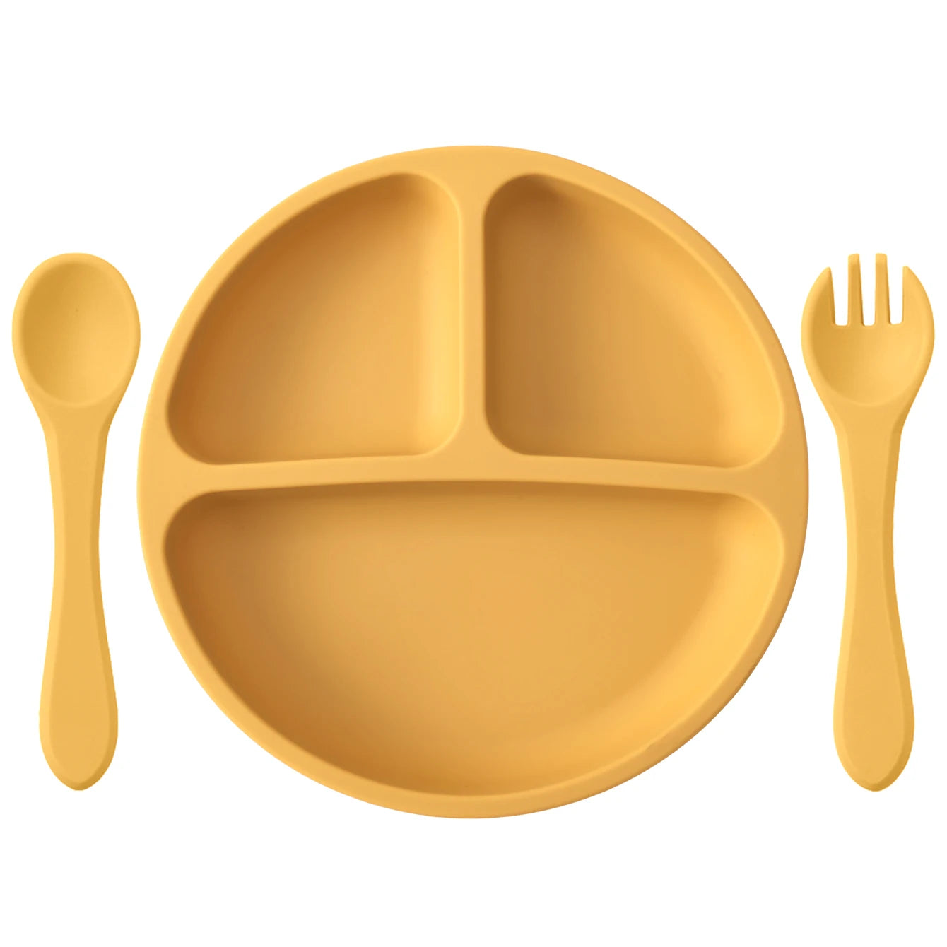 assiette bébé silicone compartimentée jaune avec cuillère et fourchette
