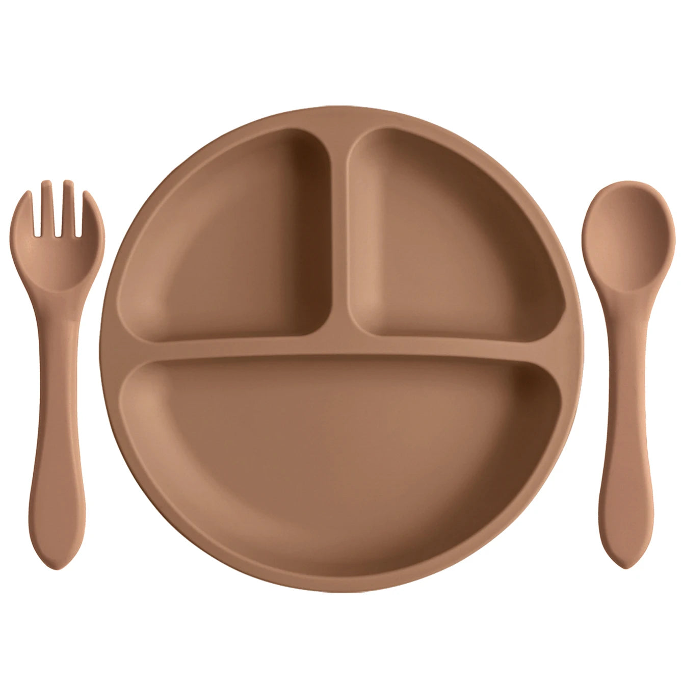 assiette bébé silicone compartimentée marron avec cuillère et fourchette
