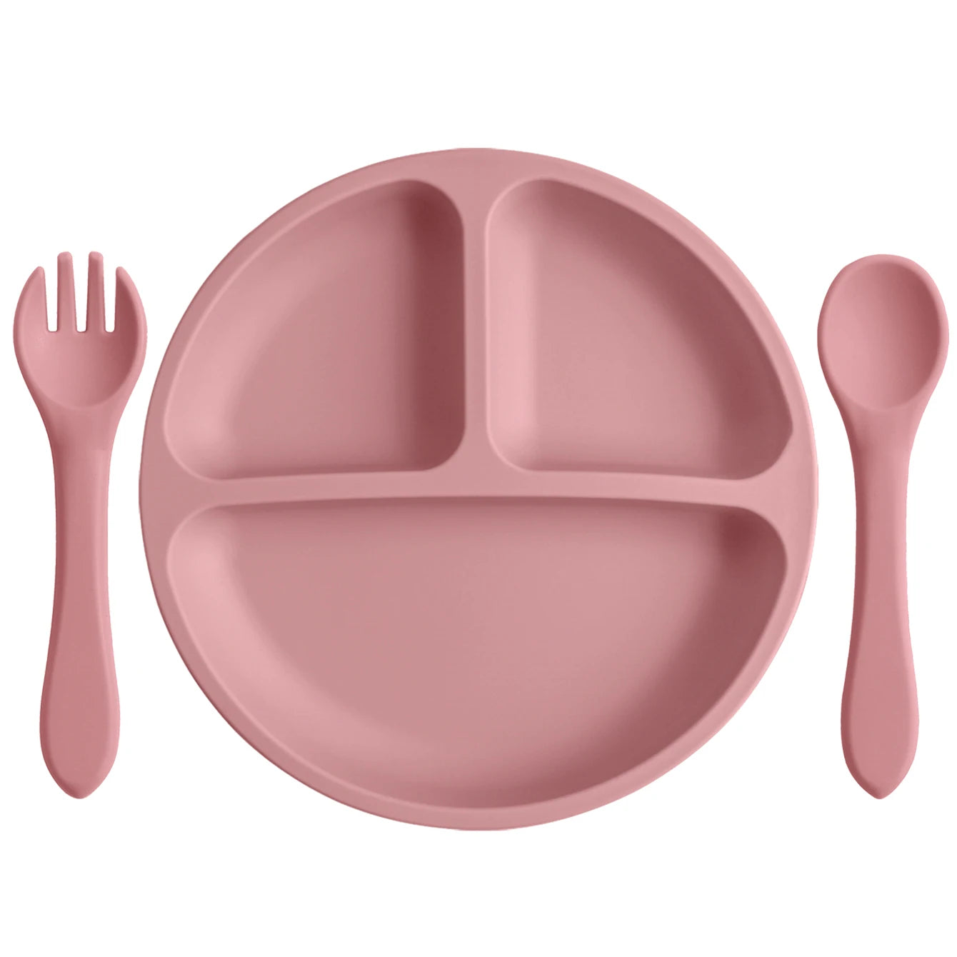 assiette bébé silicone compartimentée rose avec cuillère et fourchette