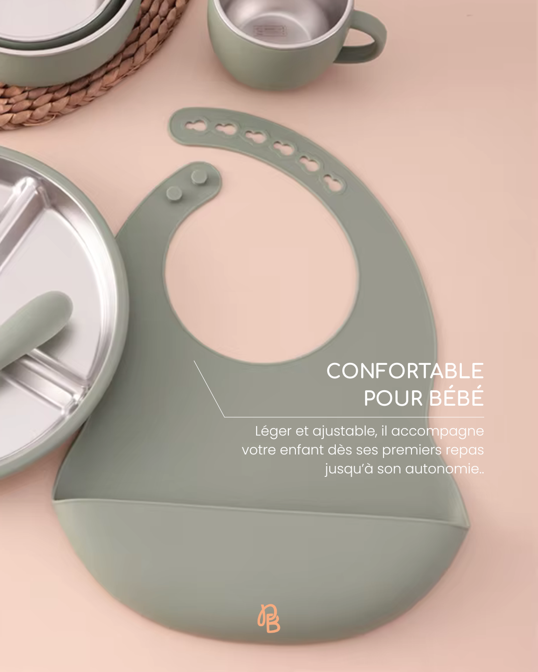 bavoir bébé silicone alimentaire avec récupérateur anti taches et antidérapant
