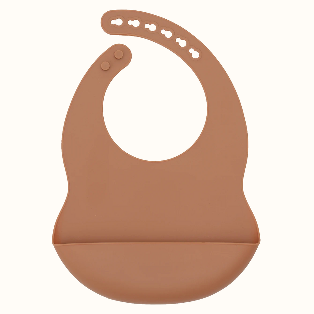 bavoir bébé silicone marron avec récupérateur anti taches et antidérapant