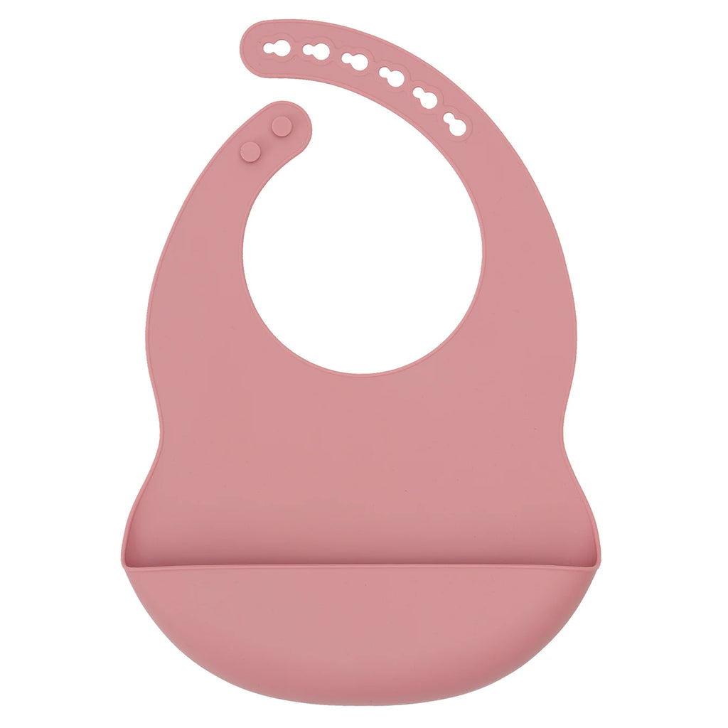 bavoir bébé silicone rose avec récupérateur anti taches et antidérapant