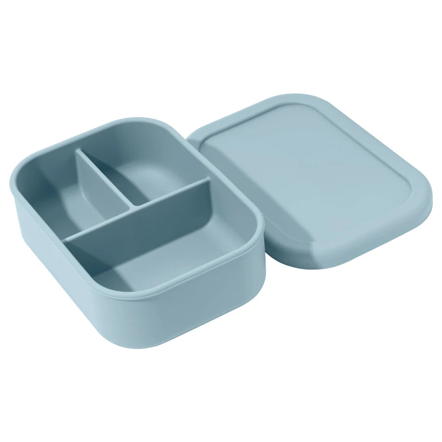 boite repas bébé compartimentée silicone bleu avec couvercle transport facile