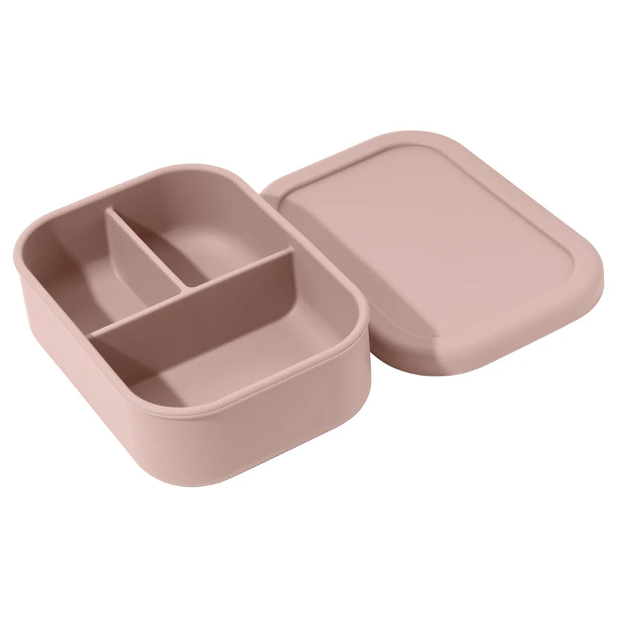boite repas bébé compartimentée silicone rose clair avec couvercle transport facile