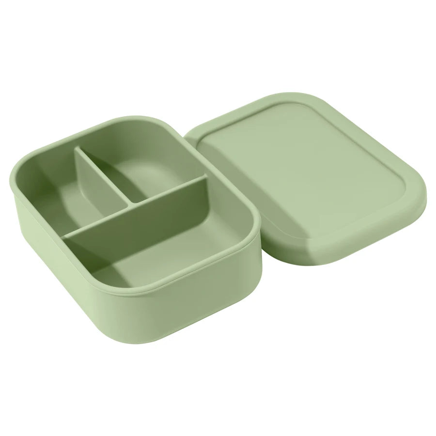 boite repas bébé compartimentée silicone vert avec couvercle transport facile