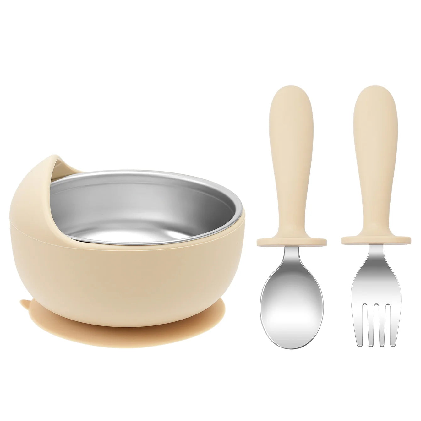 bol bébé inox silicone avec couverts beige cuillère et fourchette