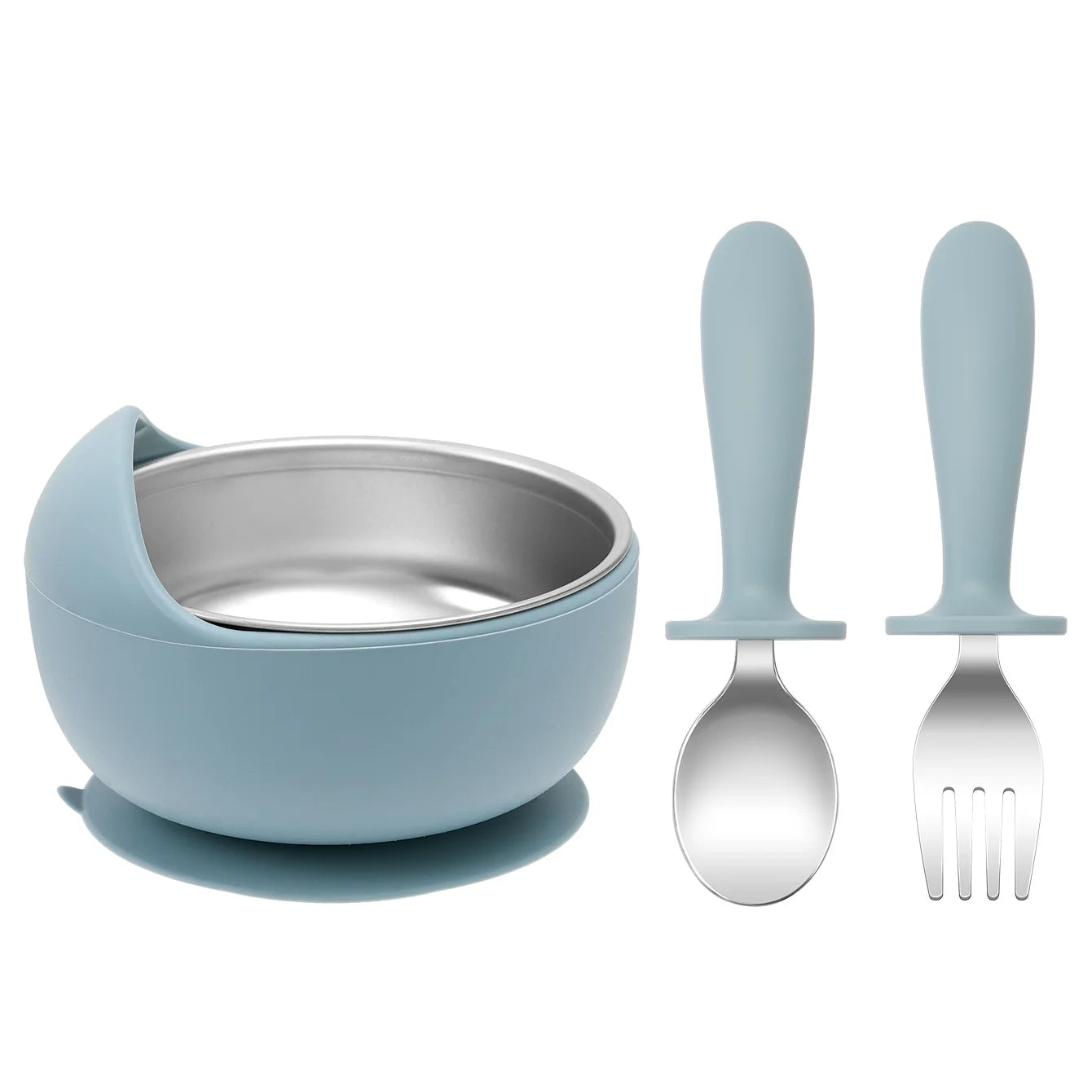 bol bébé inox silicone avec couverts bleu cuillère et fourchette