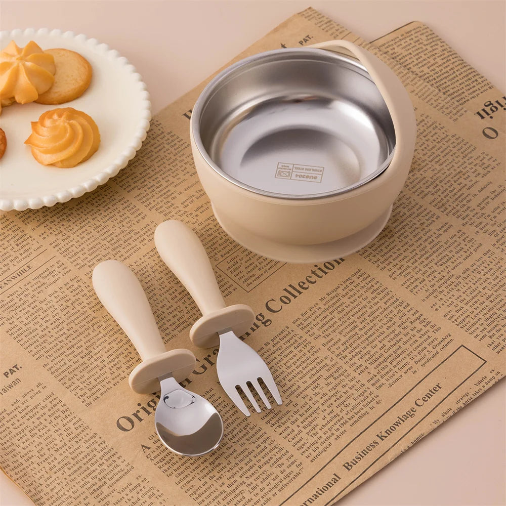 bol bébé inox silicone avec couverts vert cuillère et fourchette ensemble complet
