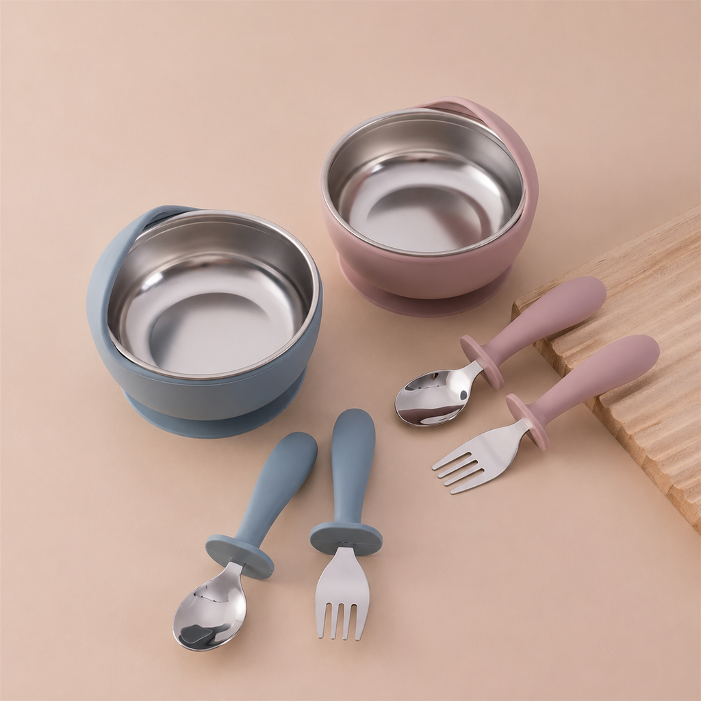 bol bébé inox silicone avec couverts cuillère et fourchette kit 