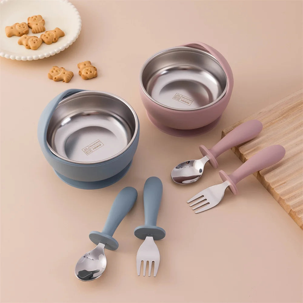 bol bébé inox silicone avec couverts cuillère et fourchette kit 
