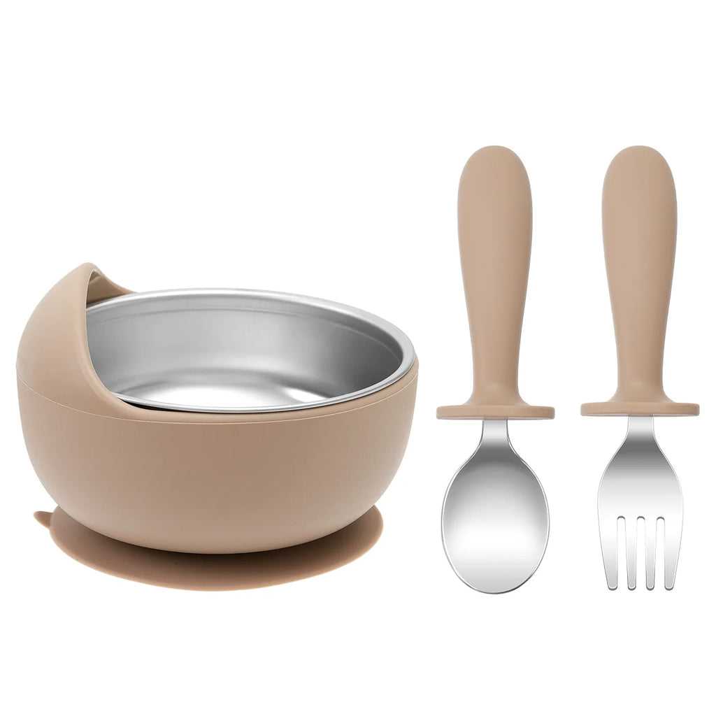 bol bébé inox silicone avec couverts marron clair cuillère et fourchette