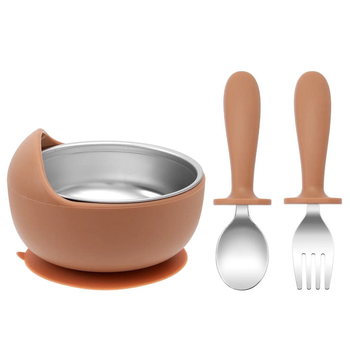 bol bébé inox silicone avec couverts marron cuillère et fourchette