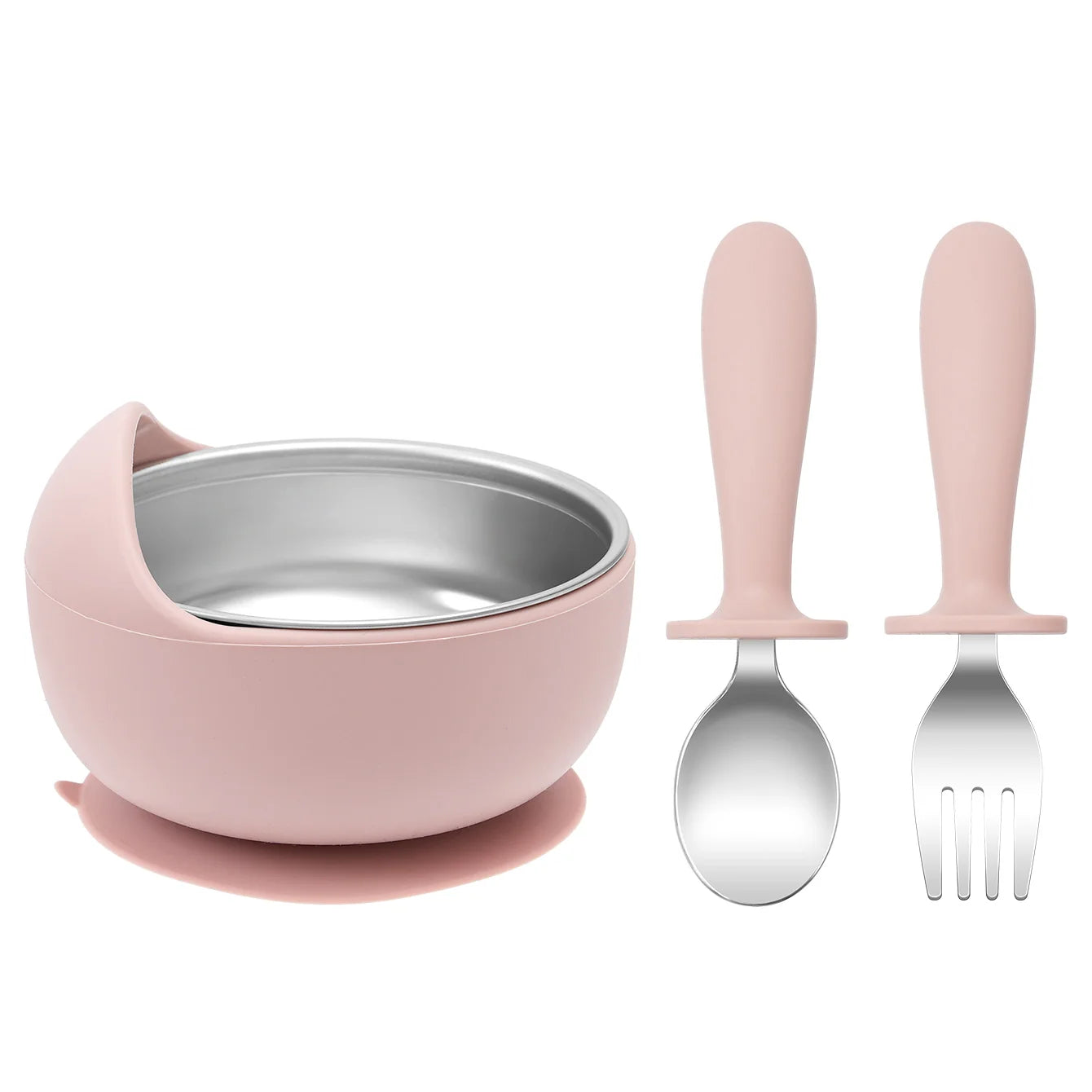 bol bébé inox silicone avec couverts rose clair cuillère et fourchette