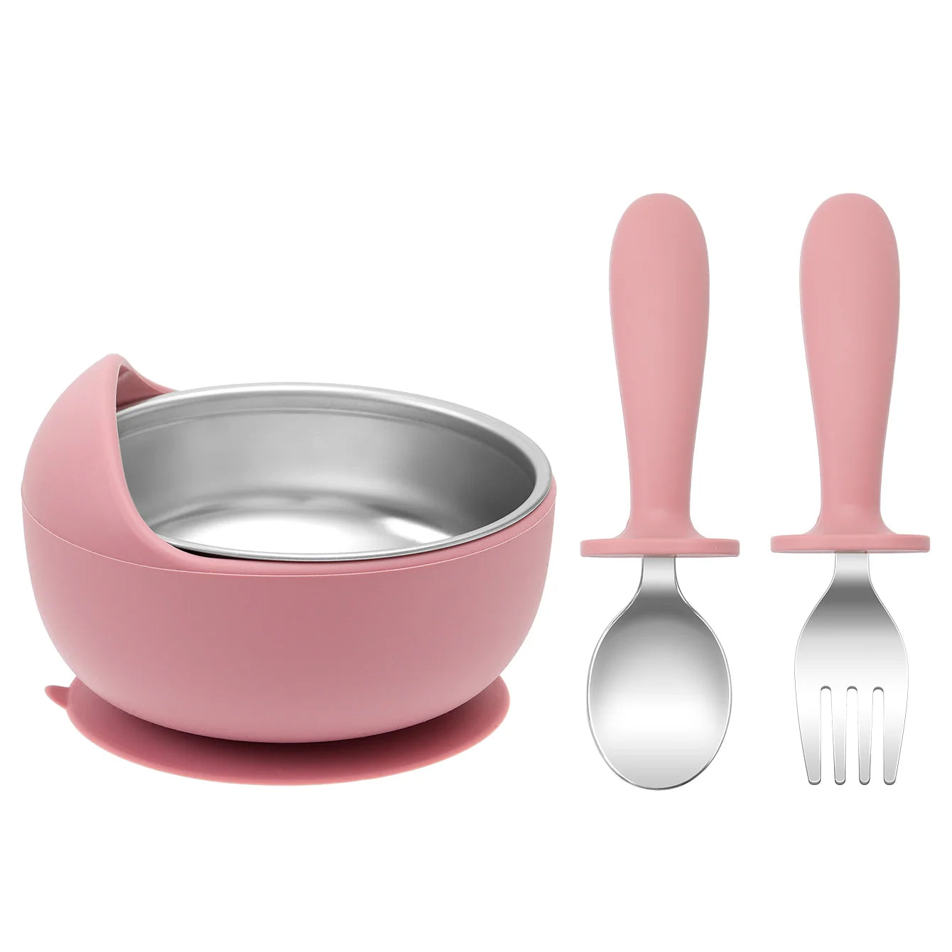 bol bébé inox silicone avec couverts rose cuillère et fourchette