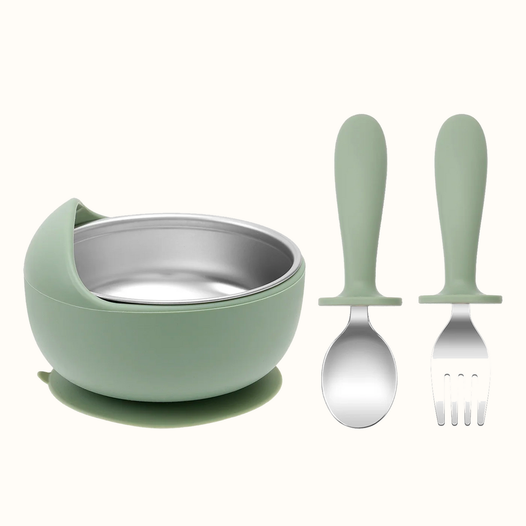 bol bébé inox silicone avec couverts vert cuillère et fourchette
