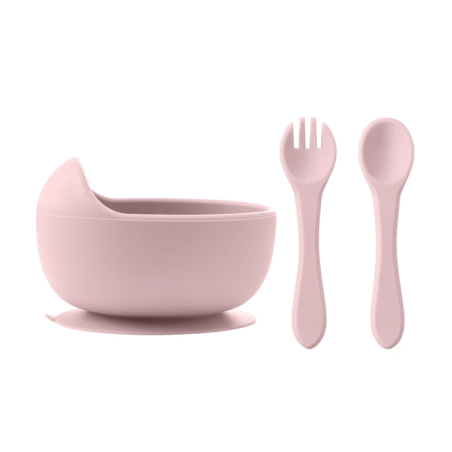 bol bébé silicone rose clair antidérapant avec cuillère et fourchette