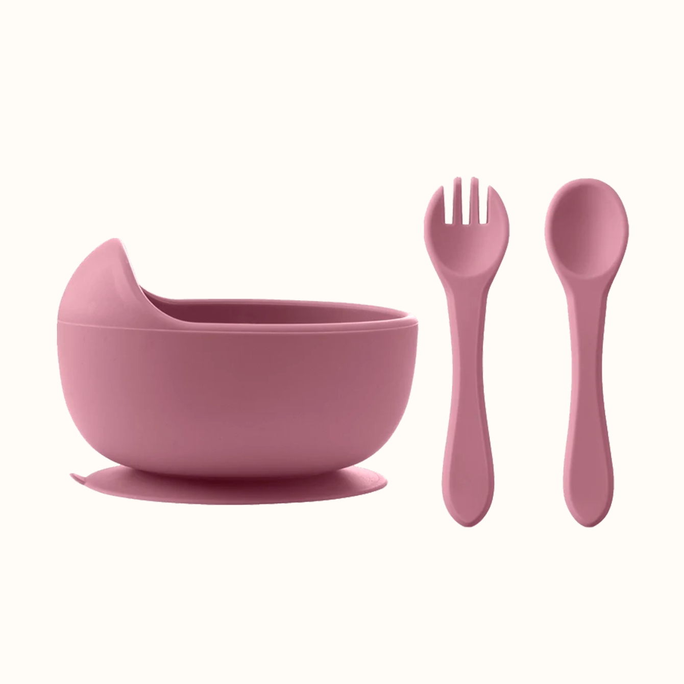 bol bébé silicone rose antidérapant avec cuillère et fourchette