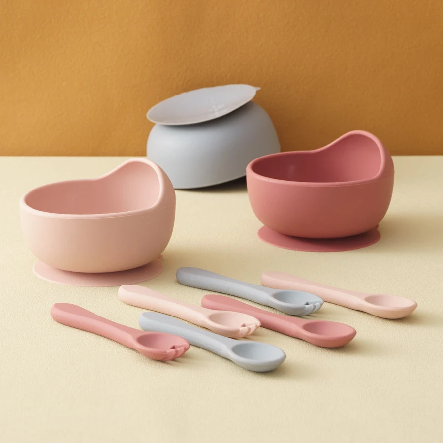 bol bébé silicone antidérapant avec cuillère et fourchette