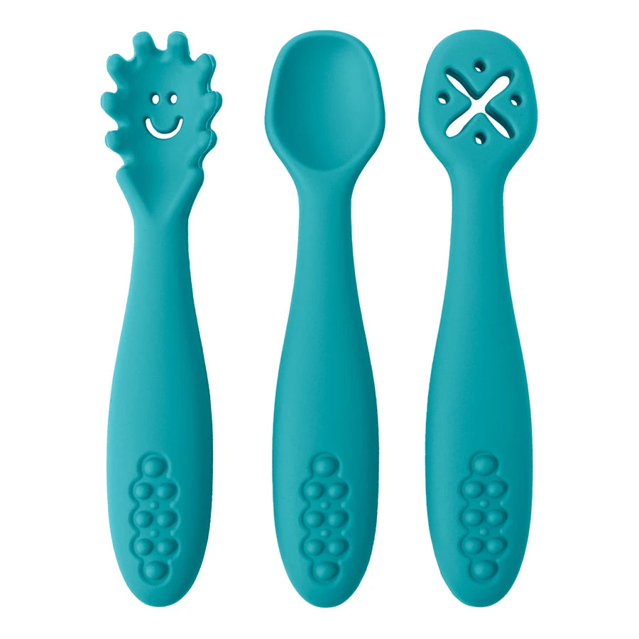 couverts bébé apprentissage silicone bleu ergonomiques prise facile