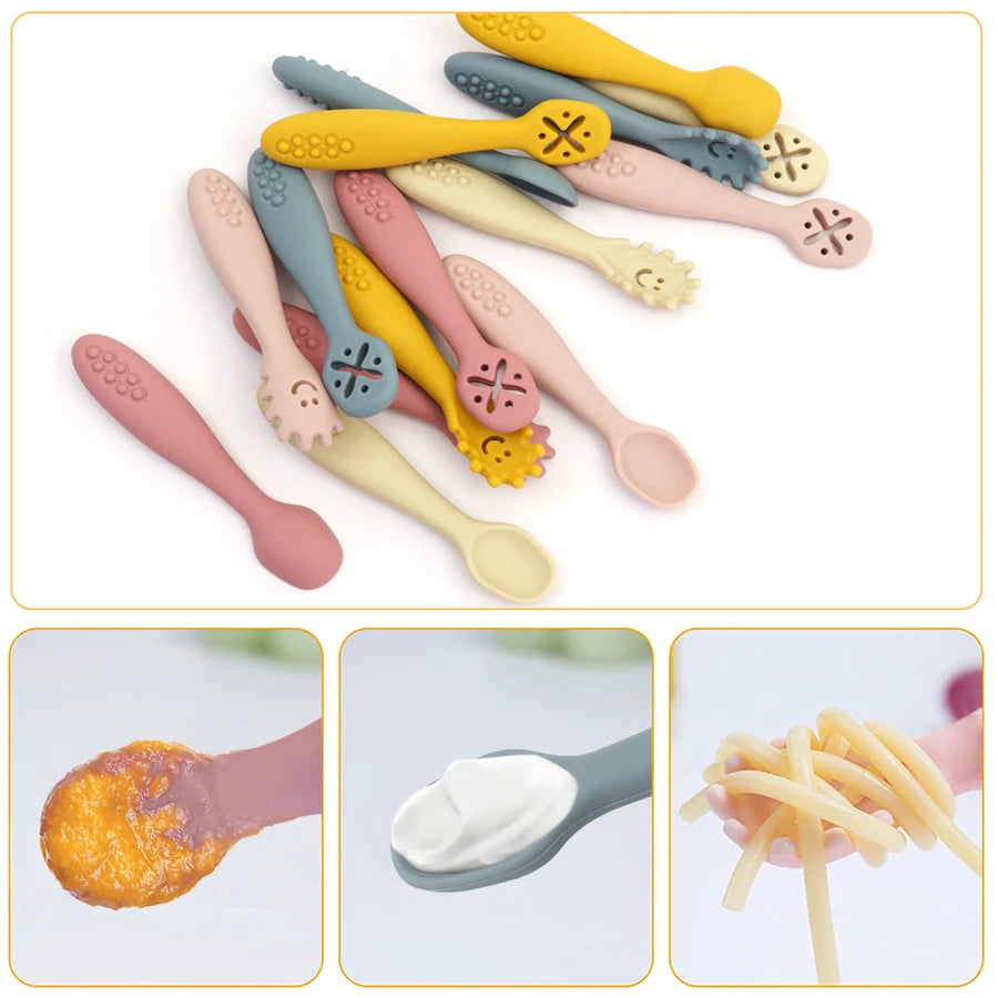 couverts bébé apprentissage silicone jaune pratique ergonomiques prise facile