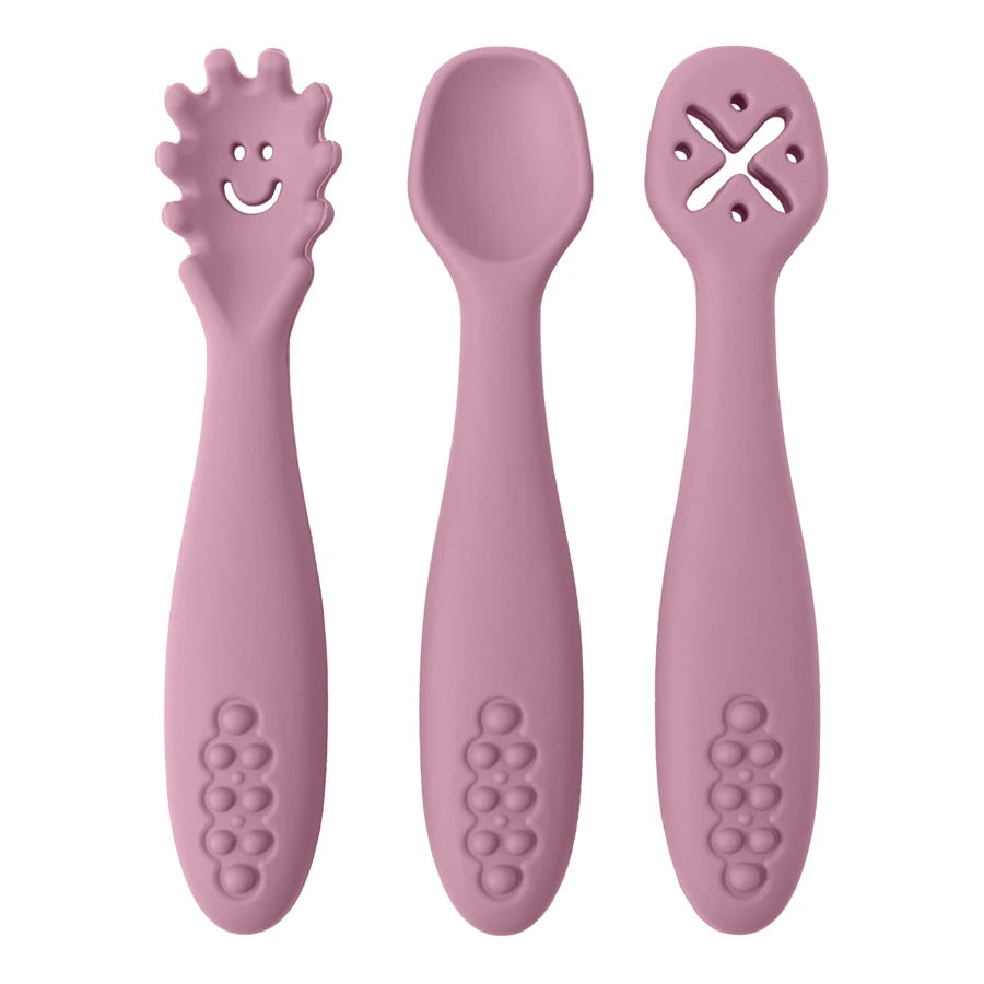 couverts bébé apprentissage silicone rose ergonomiques prise facile