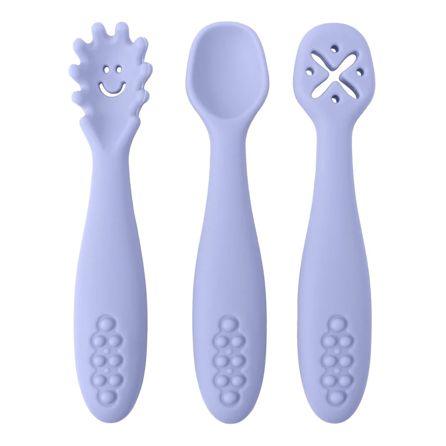couverts bébé apprentissage silicone violet ergonomiques prise facile