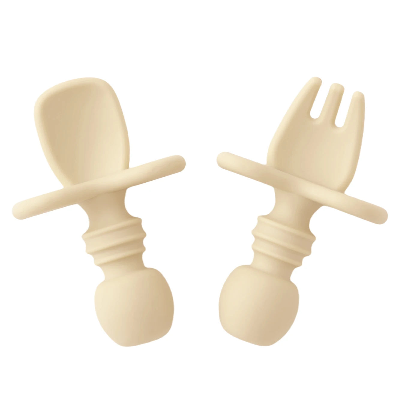 couverts bébé apprentissage silicone beige cuillère et fourchette ergonomiques