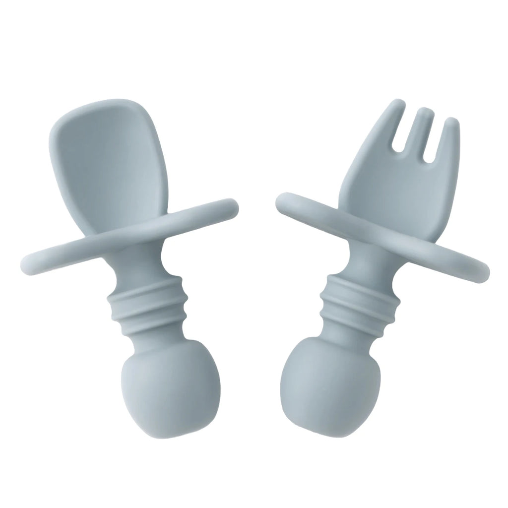 couverts bébé apprentissage silicone bleu cuillère et fourchette ergonomiques