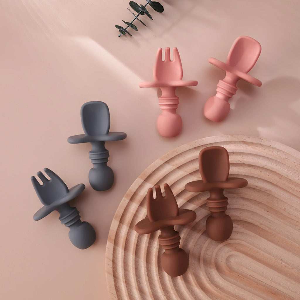 couverts bébé apprentissage silicone enfants cuillère et fourchette ergonomiques