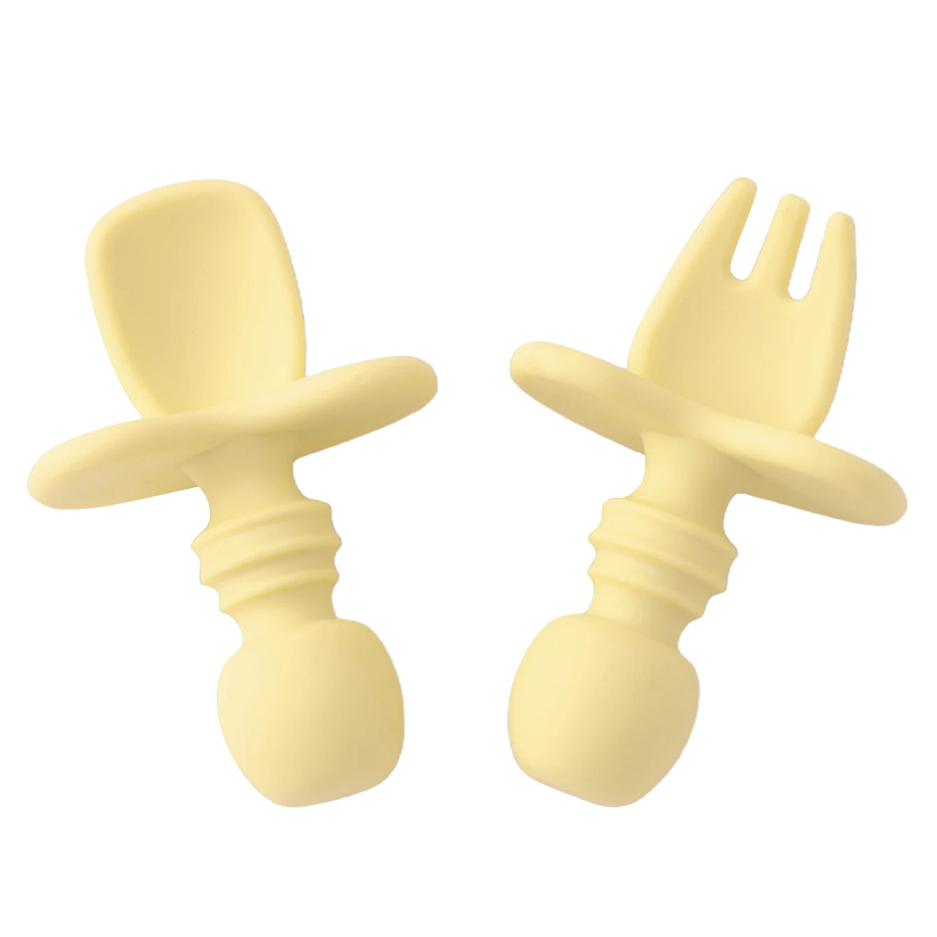 couverts bébé apprentissage silicone jaune cuillère et fourchette ergonomiques