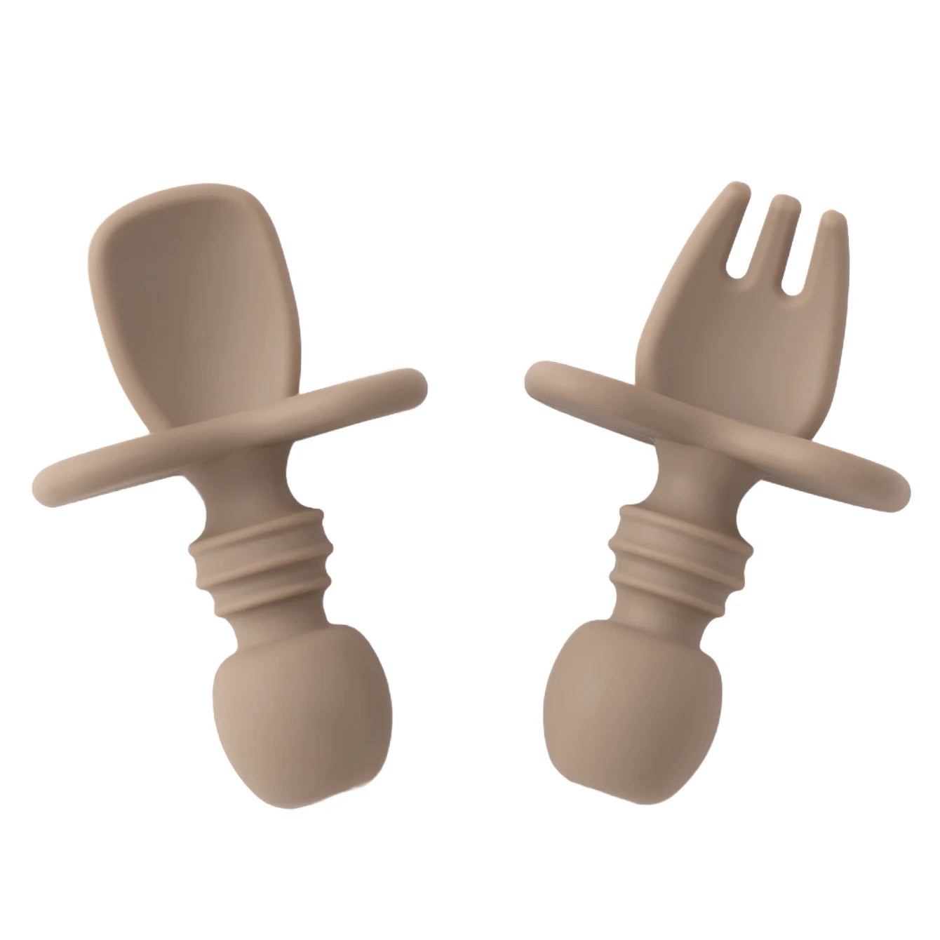 couverts bébé apprentissage silicone marron clair cuillère et fourchette ergonomiques