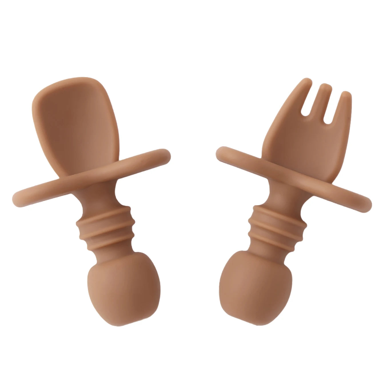 couverts bébé apprentissage silicone marron cuillère et fourchette ergonomiques