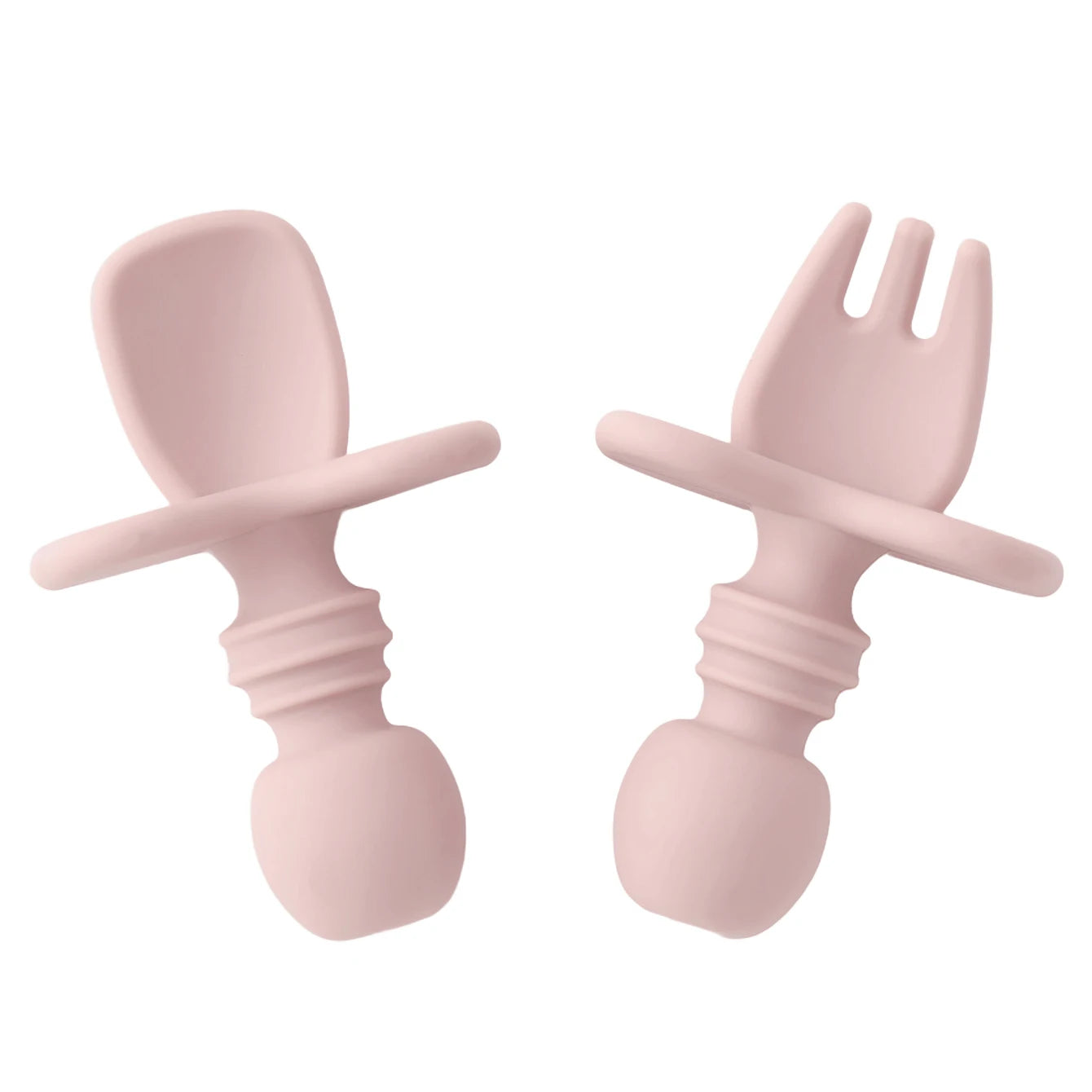 couverts bébé apprentissage silicone rose clair cuillère et fourchette ergonomiques
