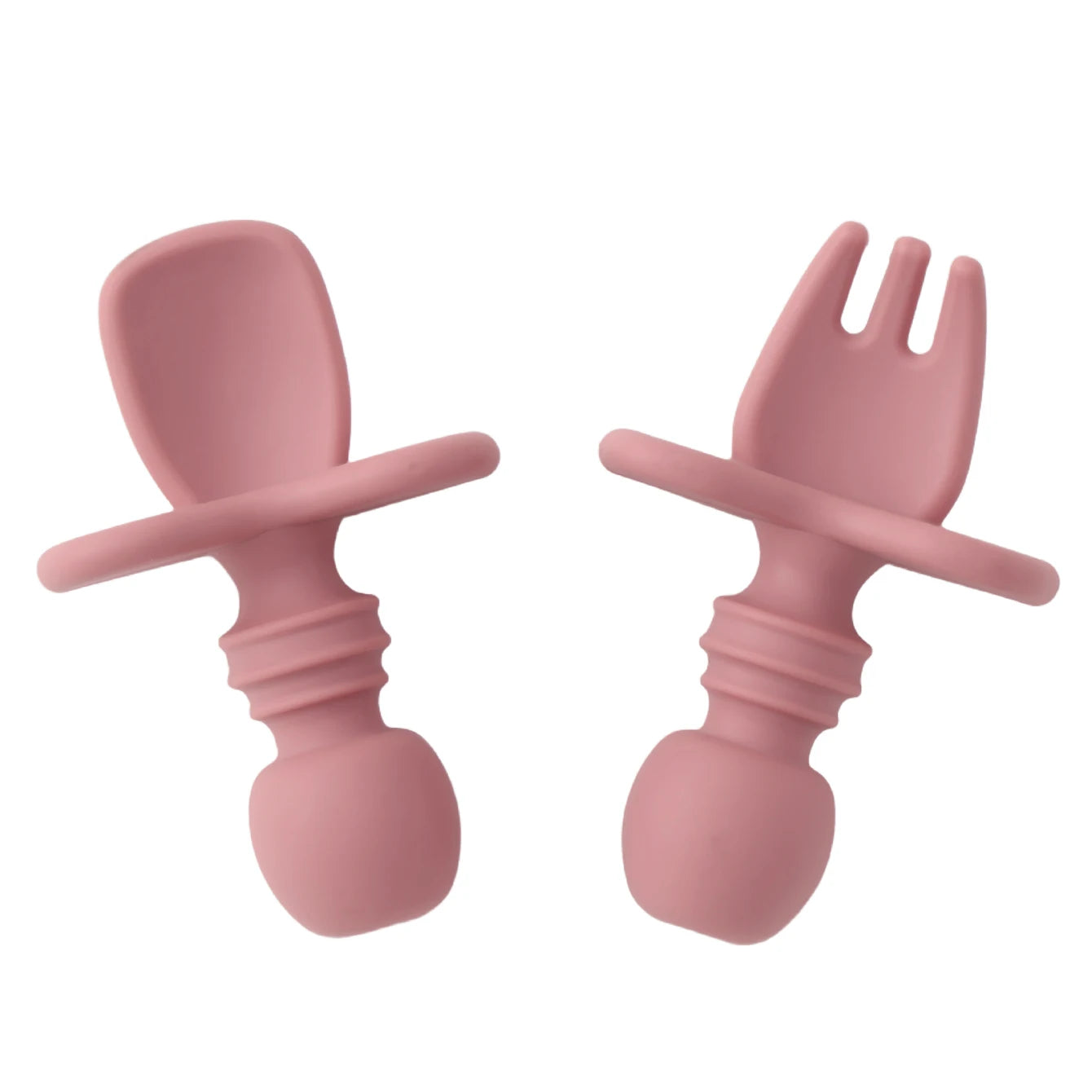 couverts bébé apprentissage silicone rose cuillère et fourchette ergonomiques